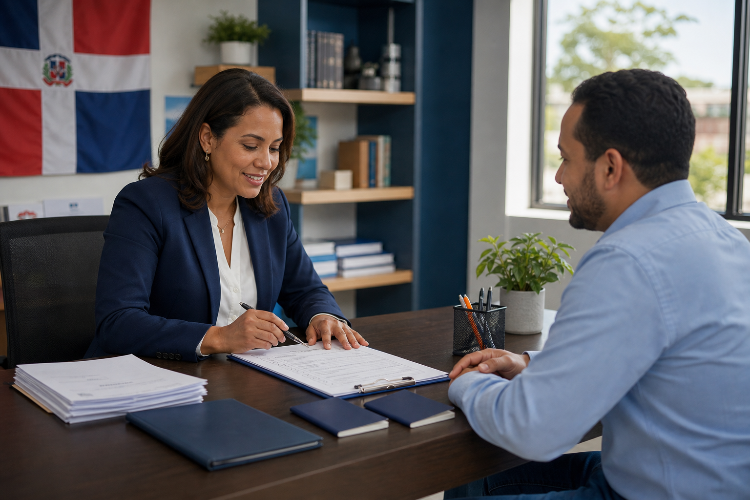 Asesora dominicana explicando una lista de documentos a un cliente